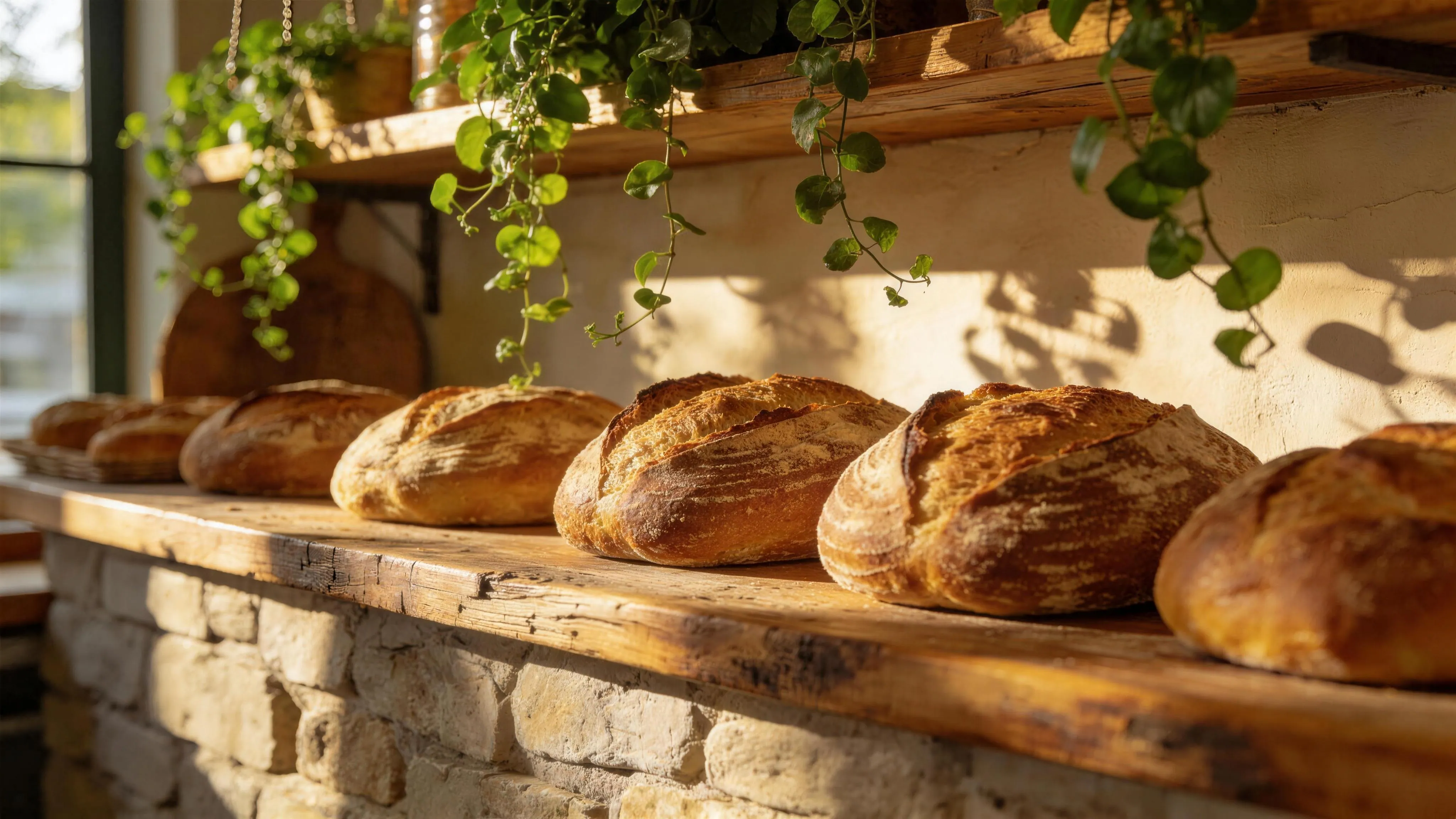 Fresh loaves lined along a sunlit bakery counter