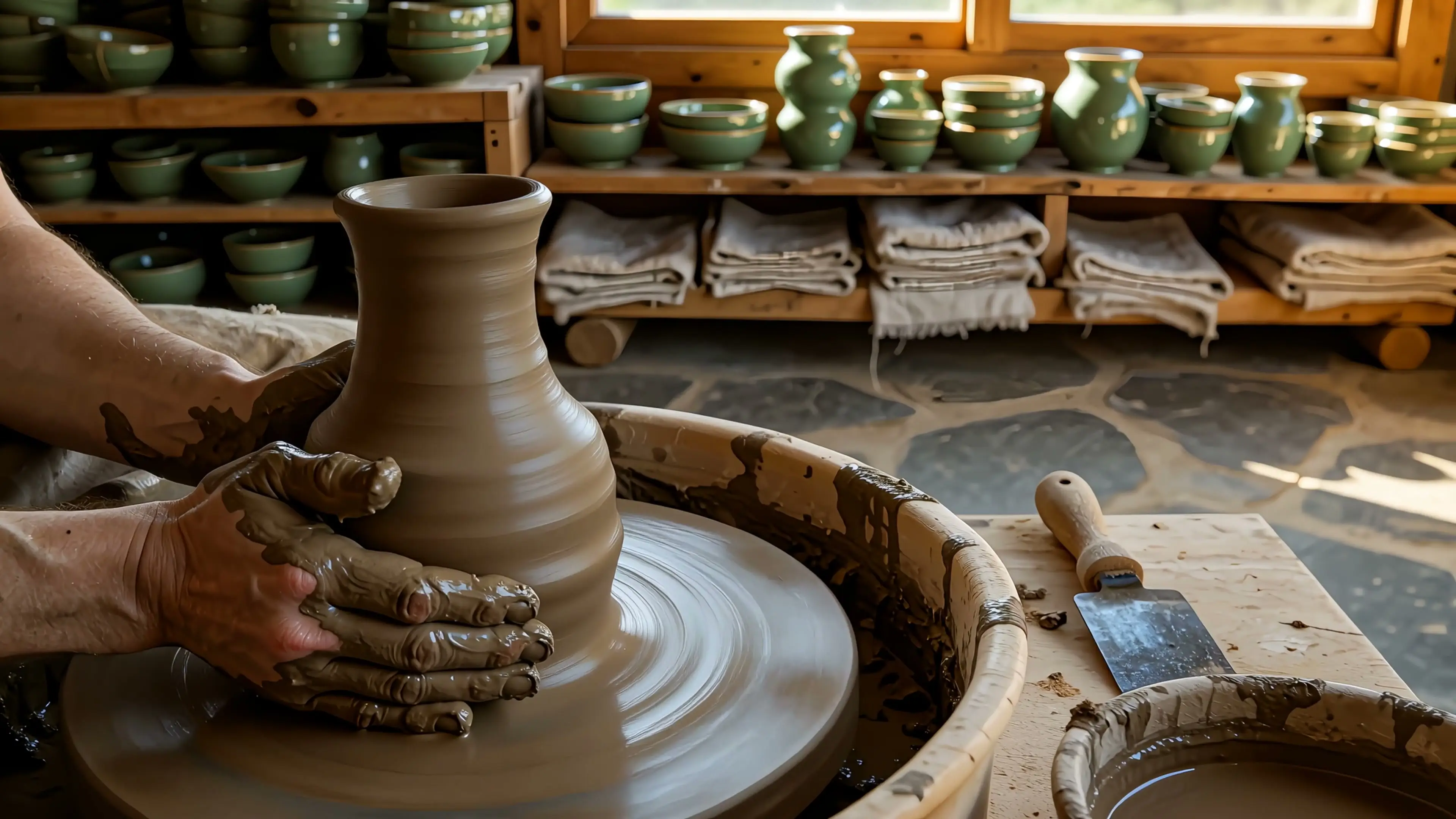 Hands steadying a tall clay vessel on the potter's wheel — shelves of green-glazed pieces and folded linen behind.